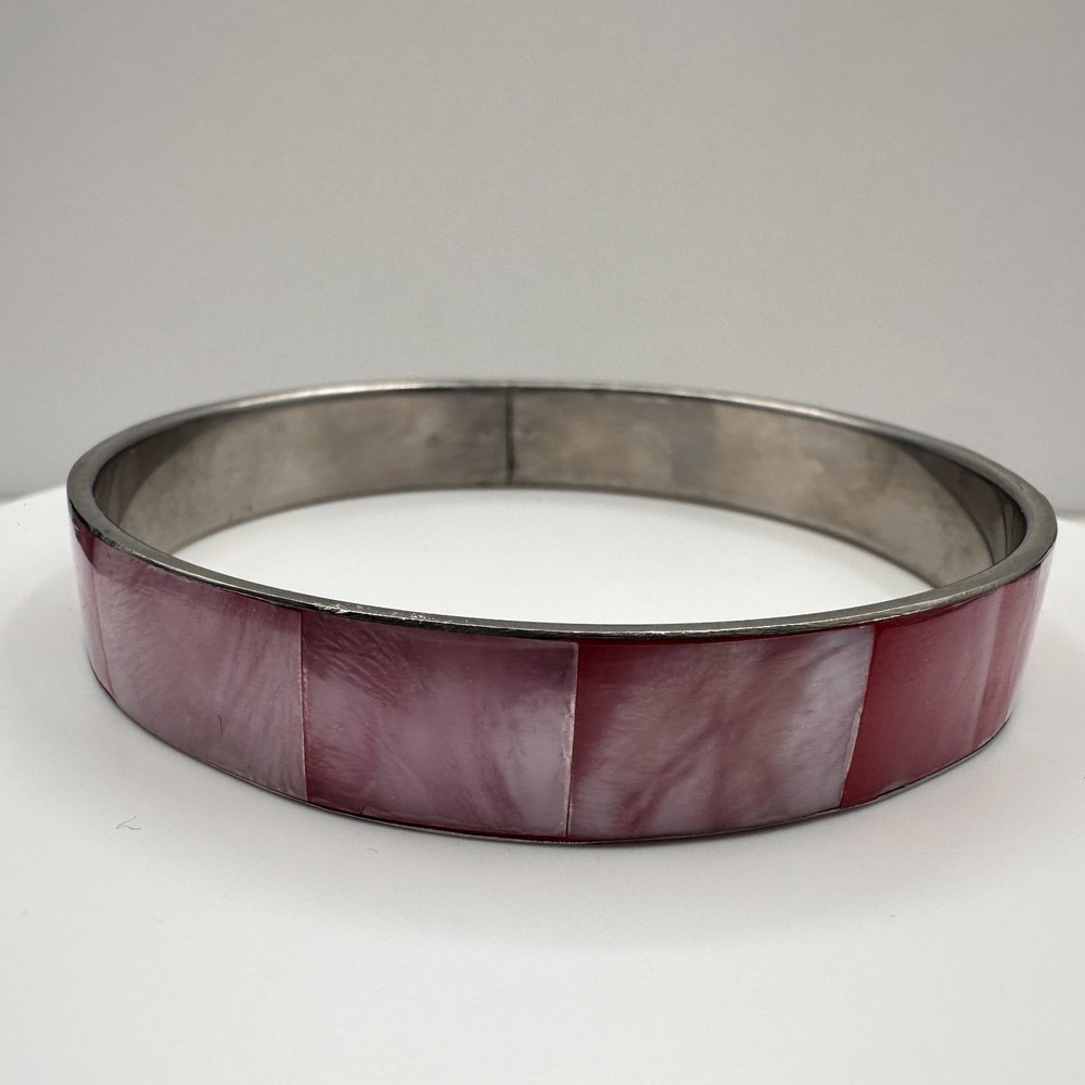 Vintage 80s Pink Mother of Pearl Inlay Bangle Bracelet Boho Silver Tone